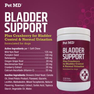 Pet MD Bladder Support Plus Cranberry for Dogs - Support Bladder Control & Urinary Tract Health - Help Relieve Dog UTI & Incontinence - Wild Yam Root & Cranberry Bladder Bites for Dogs - 60 ct