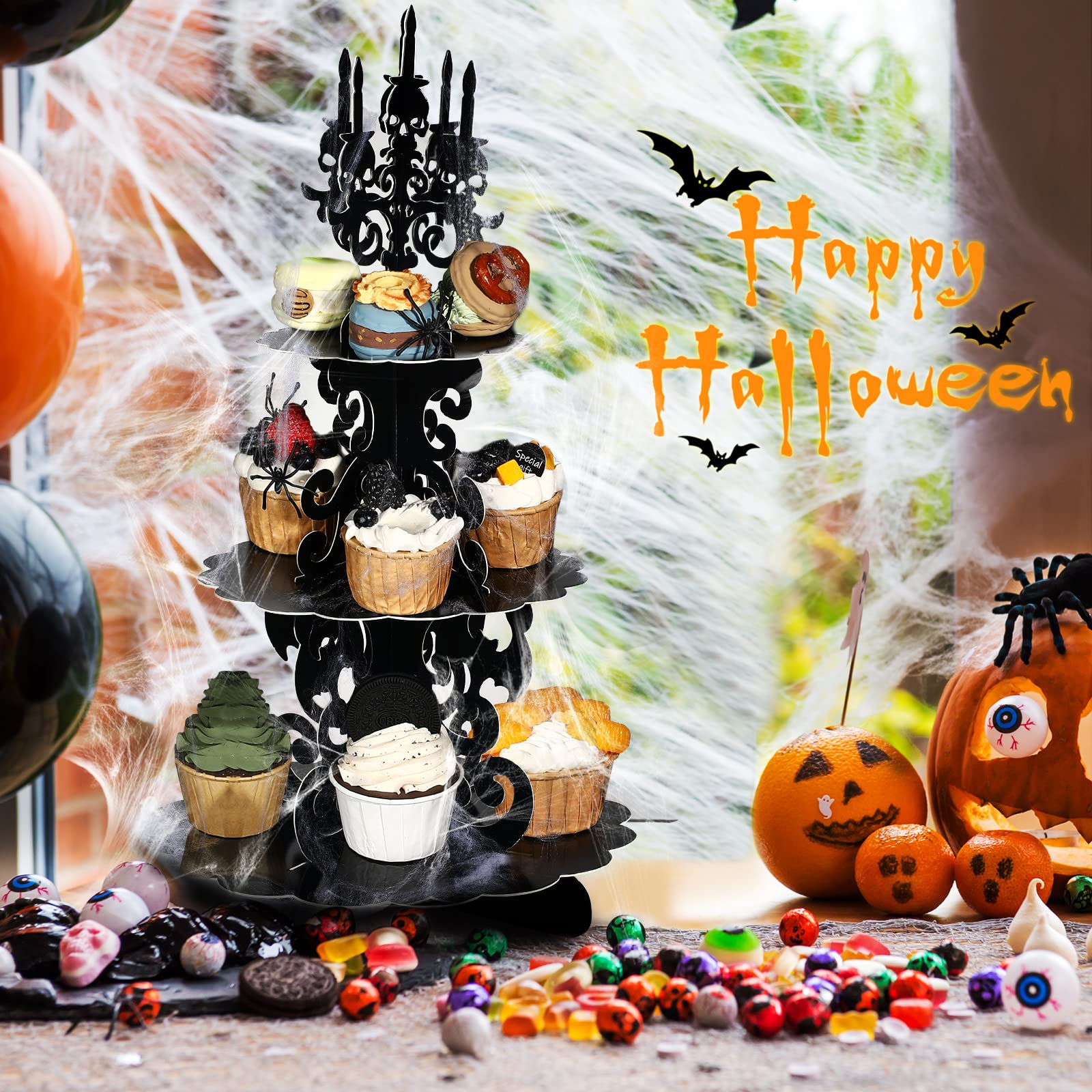 Halloween Cupcake Stand 3-Tier Halloween Gothic Cardboard Cupcake Holder Haunted Skull Candelabra Cupcake Tower Decor with 20g Spider Web Stretchable Cobweb for Halloween Party Supplies Decoration