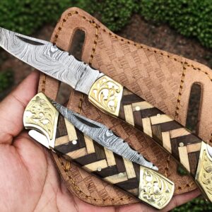 WARLOCKS CLUB Handmade Damascus Pocket Knife with Sheath, 7" Folding Hunting Knife with Wood Handle, Small Camping Knife for Outdoor