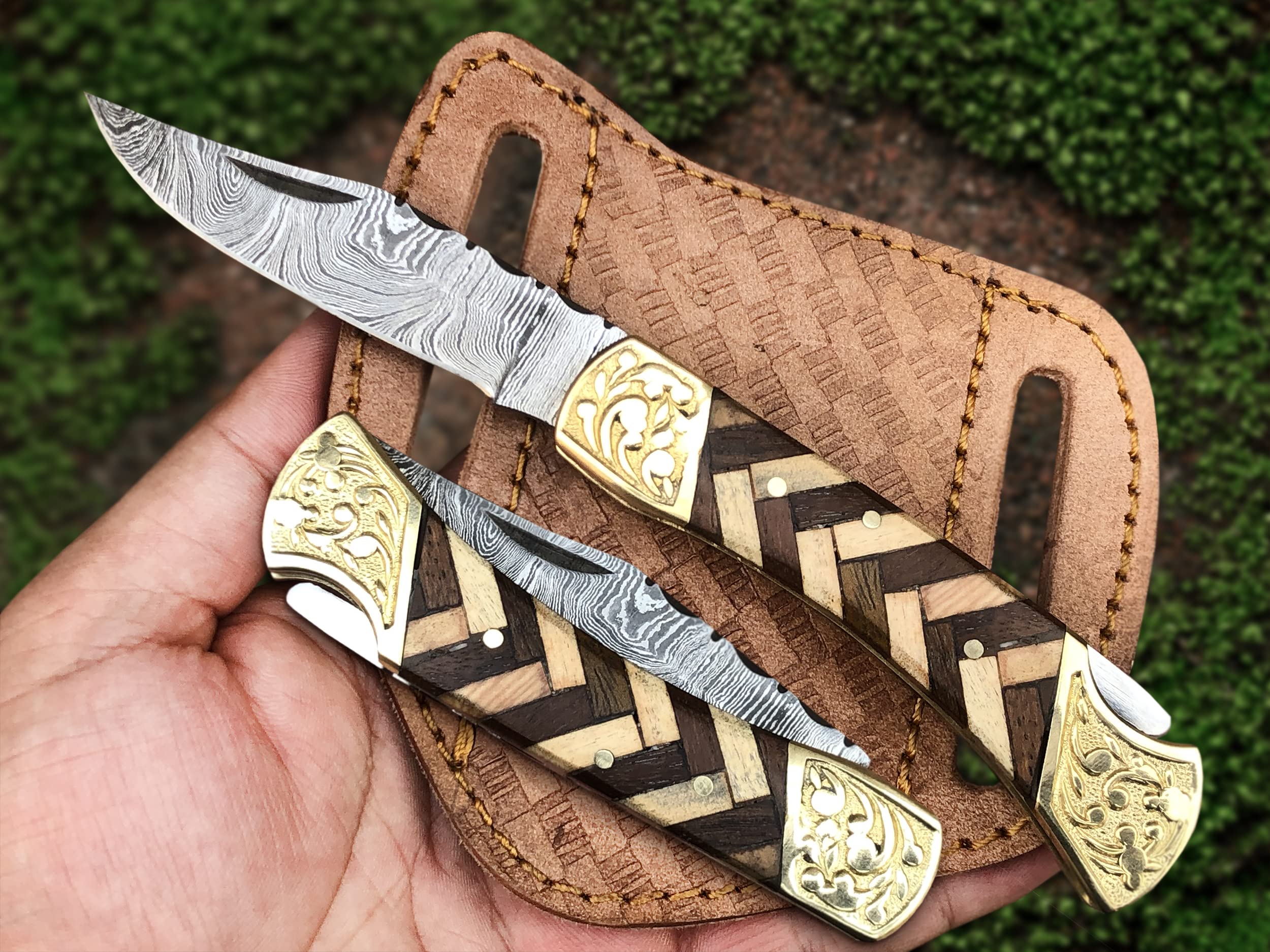 WARLOCKS CLUB Handmade Damascus Pocket Knife with Sheath, 7" Folding Hunting Knife with Wood Handle, Small Camping Knife for Outdoor