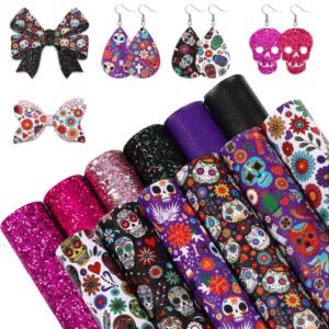 anydesign 12pcs day of the dead halloween faux leather sheets sugar skull skeleton floral printed leather fabric sheets glitter synthetic leather for halloween diy craft earring hair bow, 8 x 12"