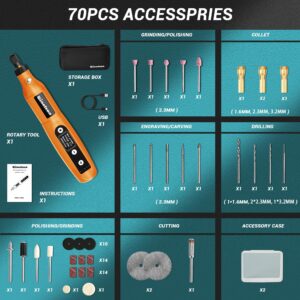 GINELSON Cordless Rotary Tool, 2000 mAh Battery Pack, 5-Speed and USB-C Charging Rotary Tool Kit with 70 Accessories, Multi-Purpose 3.7V Power Rotary Tool for Sanding, Polishing, Engraving, DIY Crafts