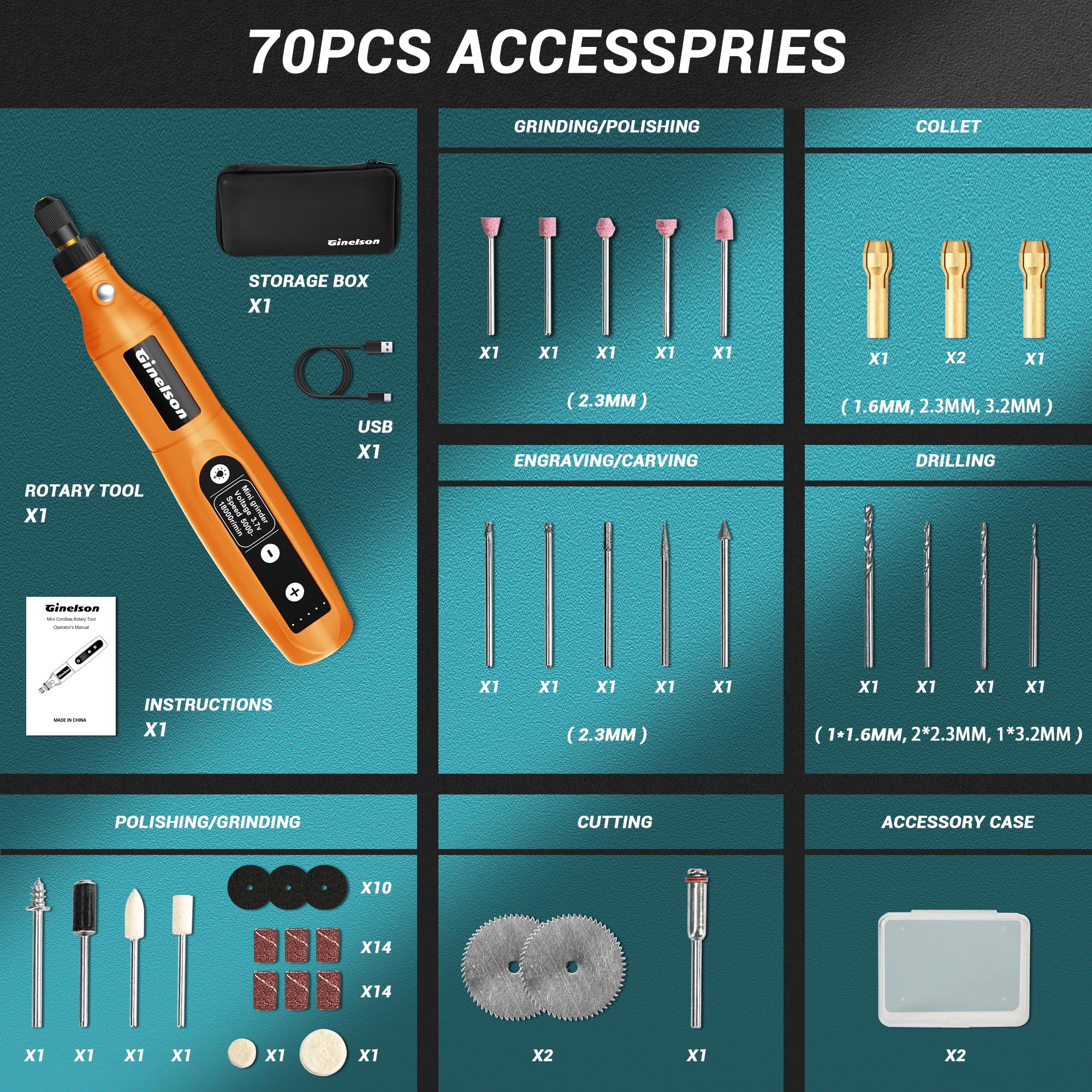 GINELSON Cordless Rotary Tool, 2000 mAh Battery Pack, 5-Speed and USB-C Charging Rotary Tool Kit with 70 Accessories, Multi-Purpose 3.7V Power Rotary Tool for Sanding, Polishing, Engraving, DIY Crafts