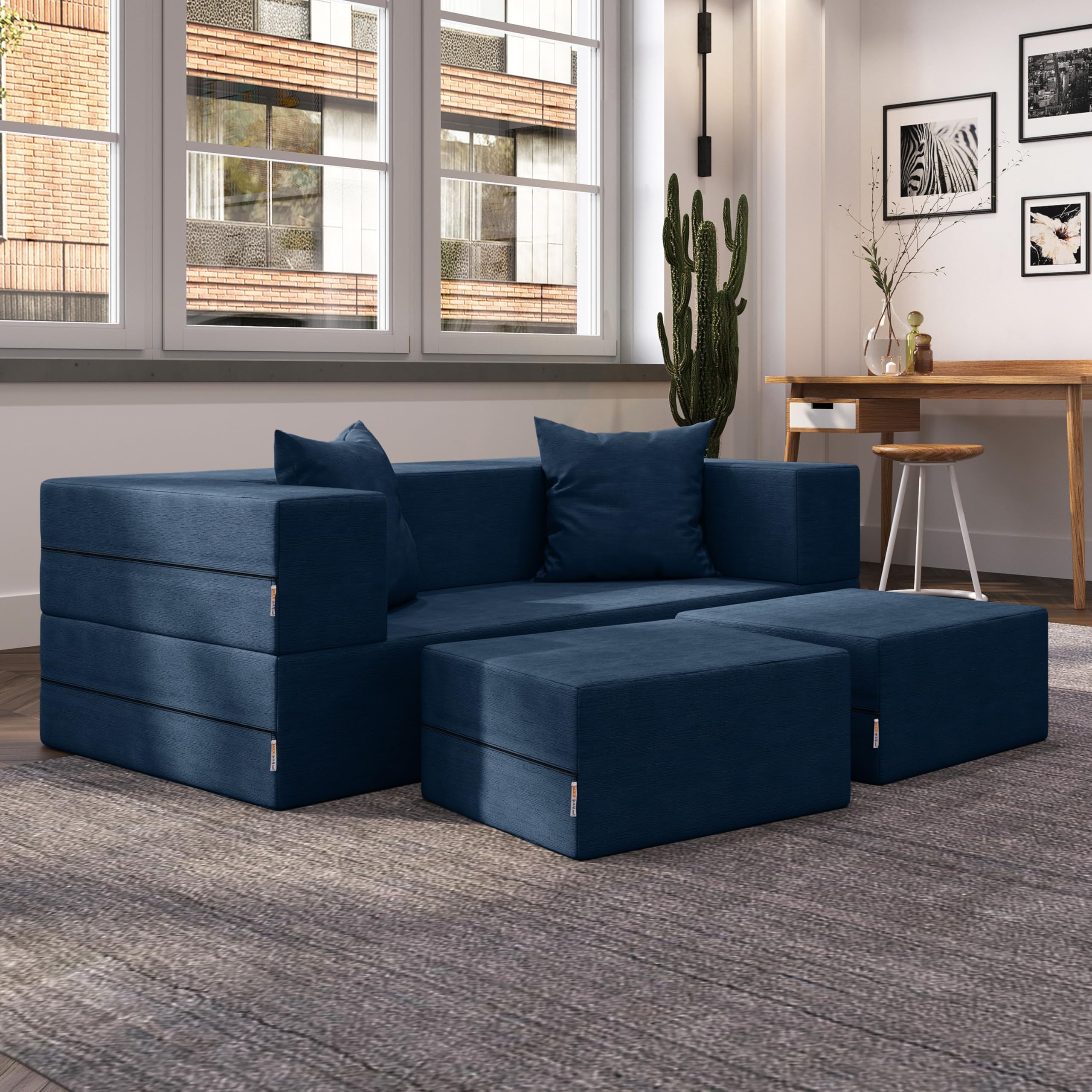 Jaxx Zipline Convertible Sleeper Loveseat & Ottomans, Textured Microvelvet - Indigo