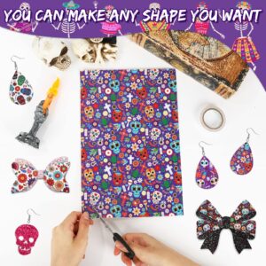 AnyDesign 12Pcs Day of The Dead Halloween Faux Leather Sheets Sugar Skull Skeleton Floral Printed Leather Fabric Sheets Glitter Synthetic Leather for Halloween DIY Craft Earring Hair Bow, 8 x 12"