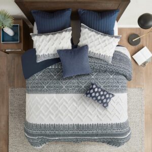 ink+ivy king duvet cover set, chic chevron chenille tufting accent, boho duvet king set, all season, lightweight cotton duvet king set bedding cover, 2 shams, mila, king/cal king navy 3 piece