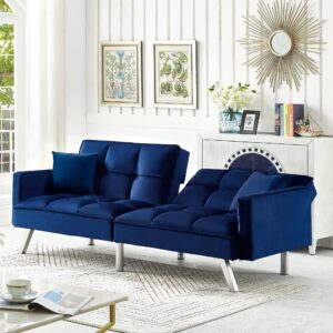 Legend Vansen 80'' Velvet Love seat Convertible Futon Two Pillows, Sleeper Couch with 3 Adjustable Backrests Sofa Bed, Large Sleeping Area Sofabed, Blue