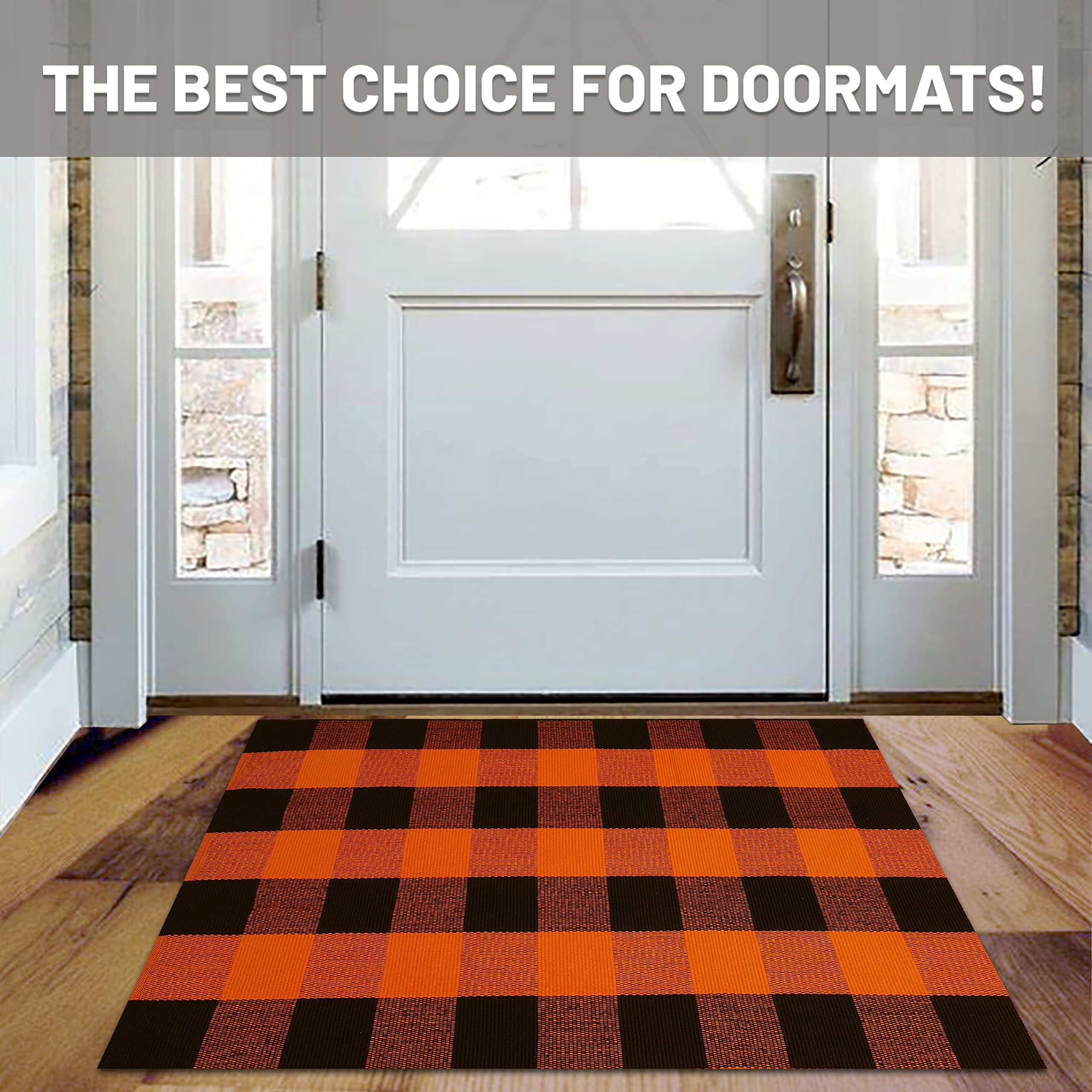 IOHOUZE Cotton Buffalo Plaid Check Rug Outdoor Doormat 27.5 x 43 Inches Washable Woven Outdoor Indoor Welcome Mats for Front Door/Farmhouse/Entryway/Home Entrance Black and Orange Outdoor Rug