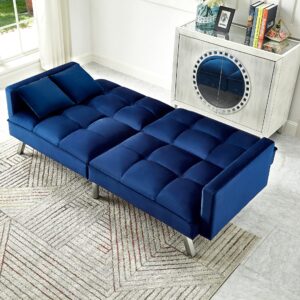 Legend Vansen 80'' Velvet Love seat Convertible Futon Two Pillows, Sleeper Couch with 3 Adjustable Backrests Sofa Bed, Large Sleeping Area Sofabed, Blue