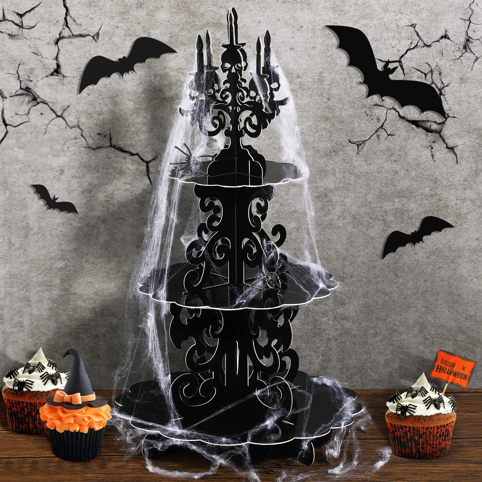 Halloween Cupcake Stand 3-Tier Halloween Gothic Cardboard Cupcake Holder Haunted Skull Candelabra Cupcake Tower Decor with 20g Spider Web Stretchable Cobweb for Halloween Party Supplies Decoration