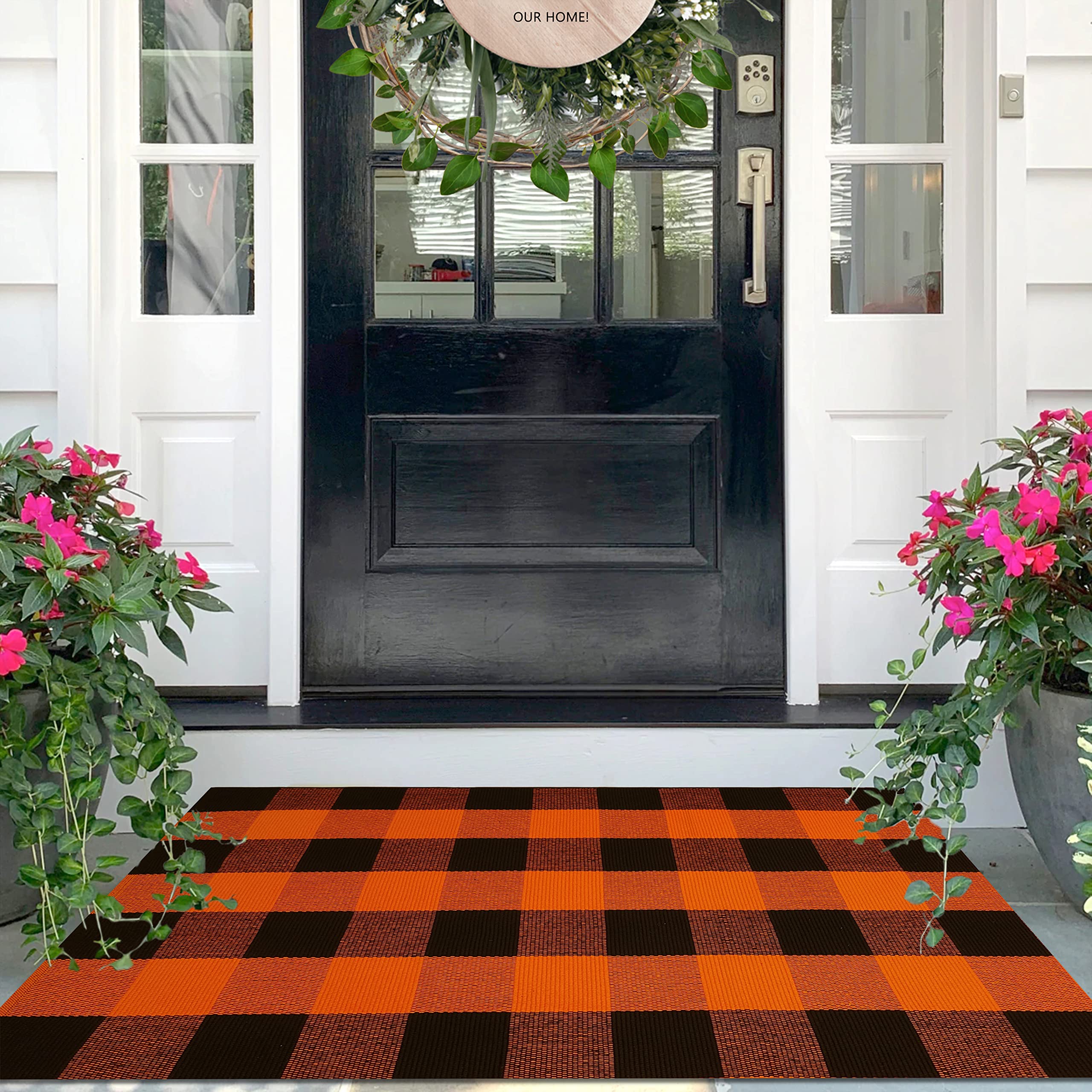 IOHOUZE Cotton Buffalo Plaid Check Rug Outdoor Doormat 27.5 x 43 Inches Washable Woven Outdoor Indoor Welcome Mats for Front Door/Farmhouse/Entryway/Home Entrance Black and Orange Outdoor Rug