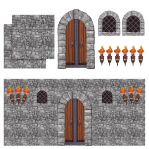 11 pieces medieval party decorations kit medieval scene castle decorations set including stone wall backdrop, door, windows, torch props for halloween castle party wall decor accessory