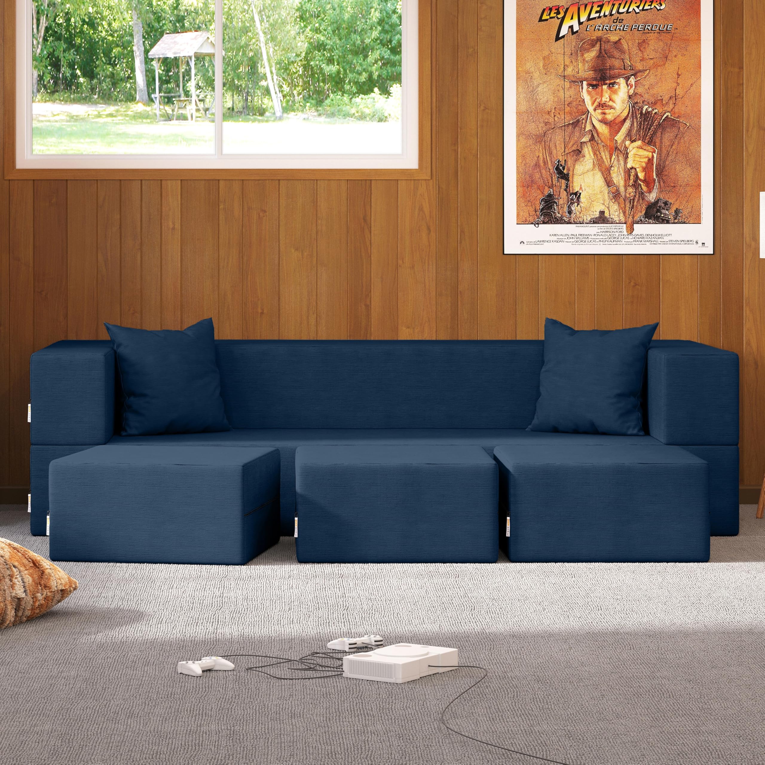 Jaxx Zipline Convertible Sleeper Sofa & Three Ottomans/California King-Size Bed, Textured Microvelvet - Indigo