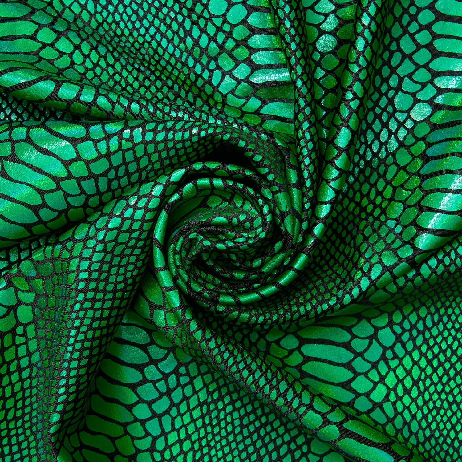 Snake Scale Hologram Tricot Foil Fabric - Black Green Shiny Stretchy 60” by The Yard