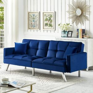 Legend Vansen 80'' Velvet Love seat Convertible Futon Two Pillows, Sleeper Couch with 3 Adjustable Backrests Sofa Bed, Large Sleeping Area Sofabed, Blue