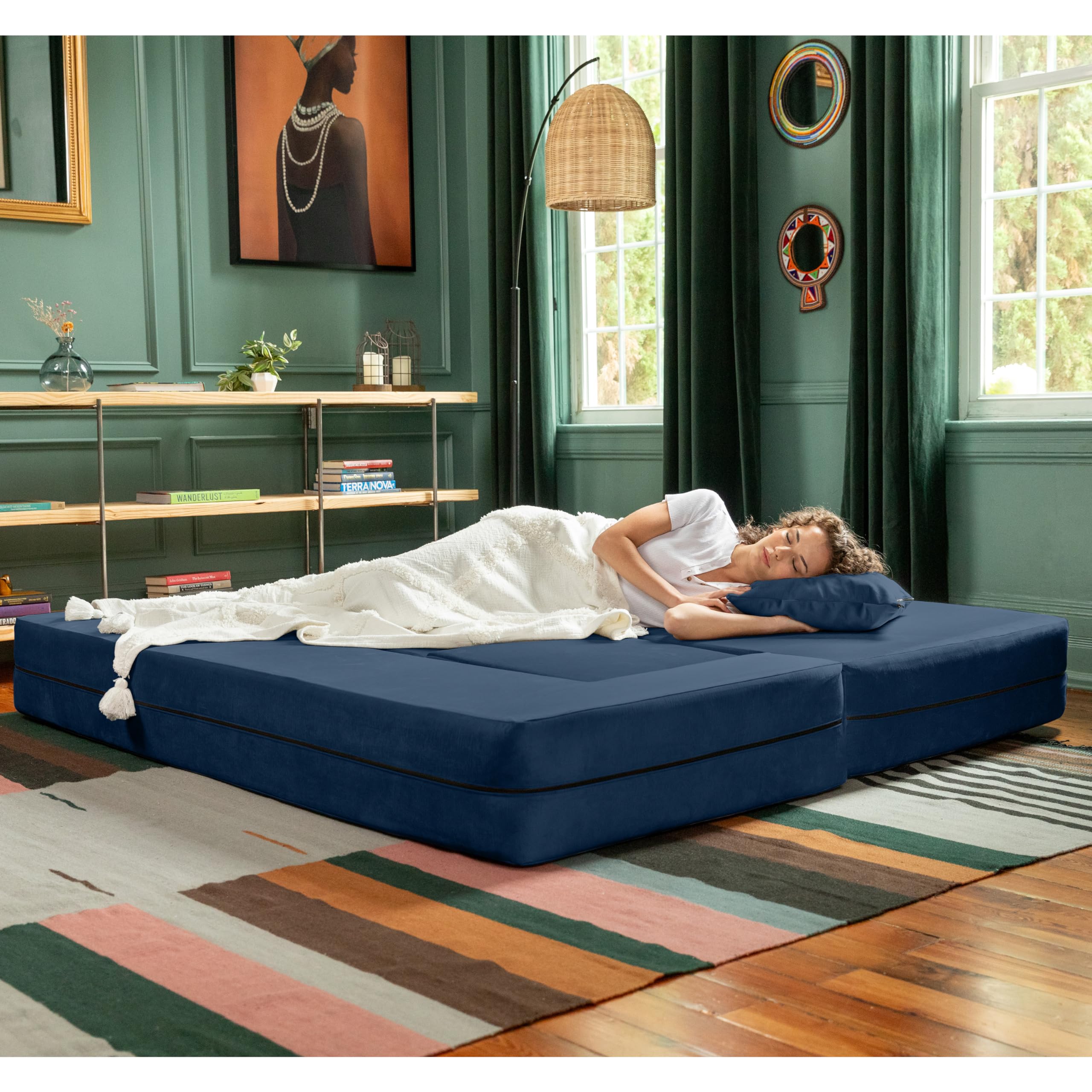 Jaxx Zipline Convertible Sleeper Sofa & Three Ottomans/California King-Size Bed, Textured Microvelvet - Indigo