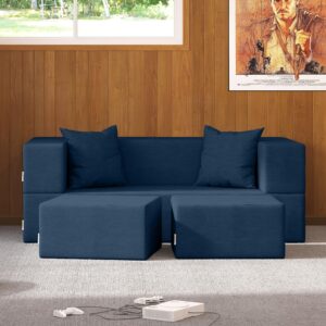 Jaxx Zipline Convertible Sleeper Loveseat & Ottomans, Textured Microvelvet - Indigo