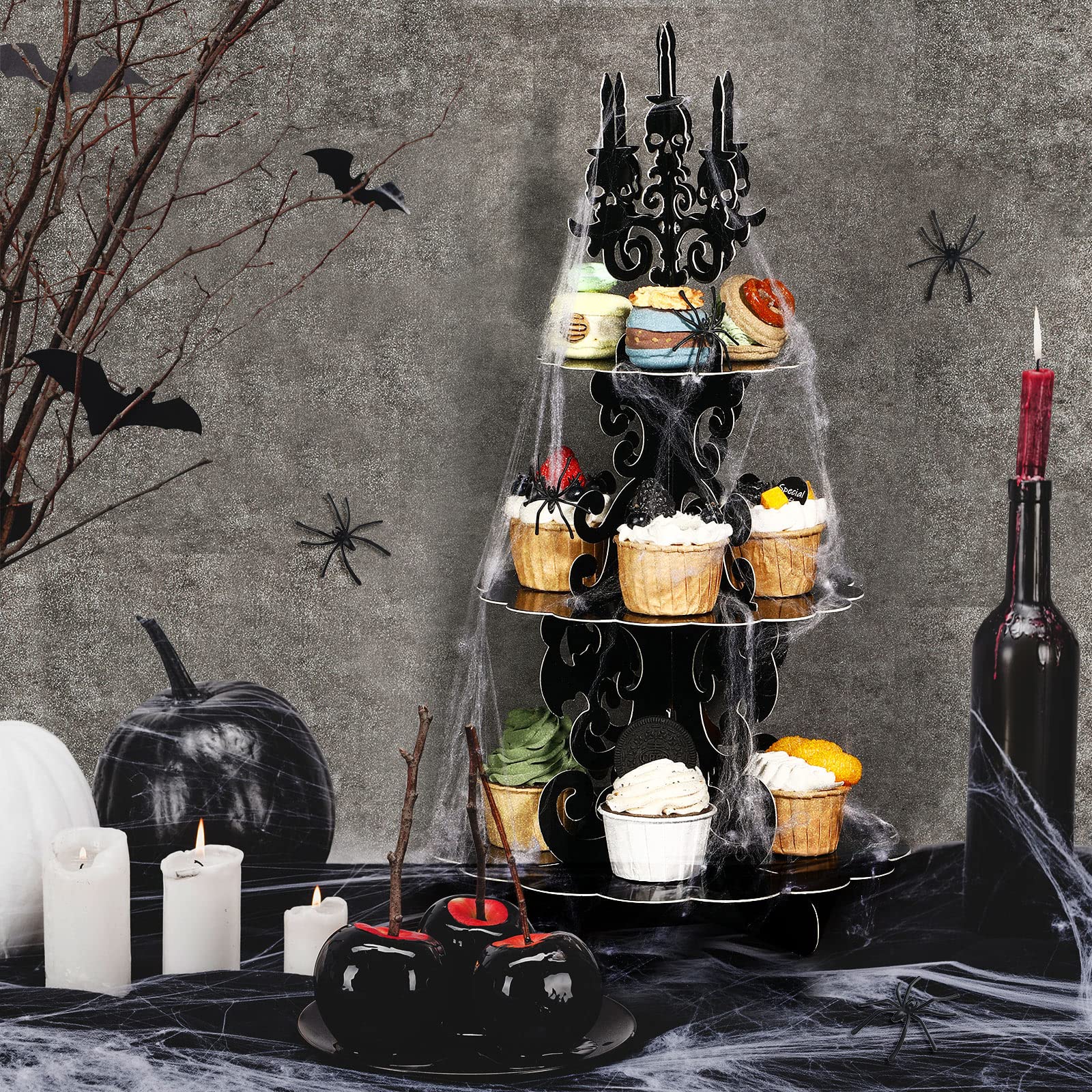 Halloween Cupcake Stand 3-Tier Halloween Gothic Cardboard Cupcake Holder Haunted Skull Candelabra Cupcake Tower Decor with 20g Spider Web Stretchable Cobweb for Halloween Party Supplies Decoration