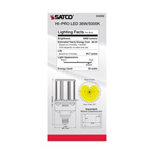 Satco S49392 Corncob LED HID Light Bulb, Medium Base, 36W, 35000 Hour Rating, 4968L, Natural Light