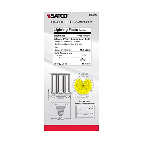 Satco S49392 Corncob LED HID Light Bulb, Medium Base, 36W, 35000 Hour Rating, 4968L, Natural Light