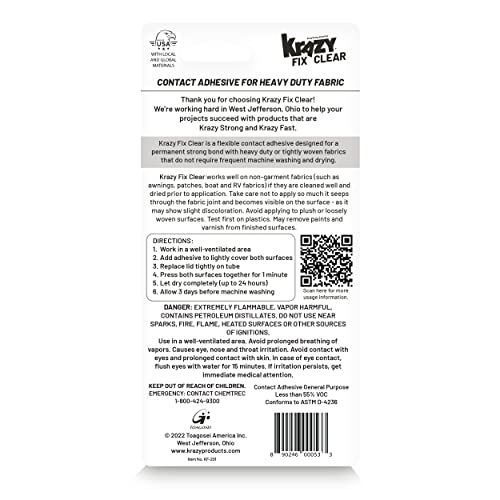 Krazy Fix Clear Fabric Glue, Washable, 100% Waterproof Permanent Bond Glue for Fabric, Heavy Duty Adhesive for Clothing, Patches, Canvas and More, 2.0 fl. oz. Tube