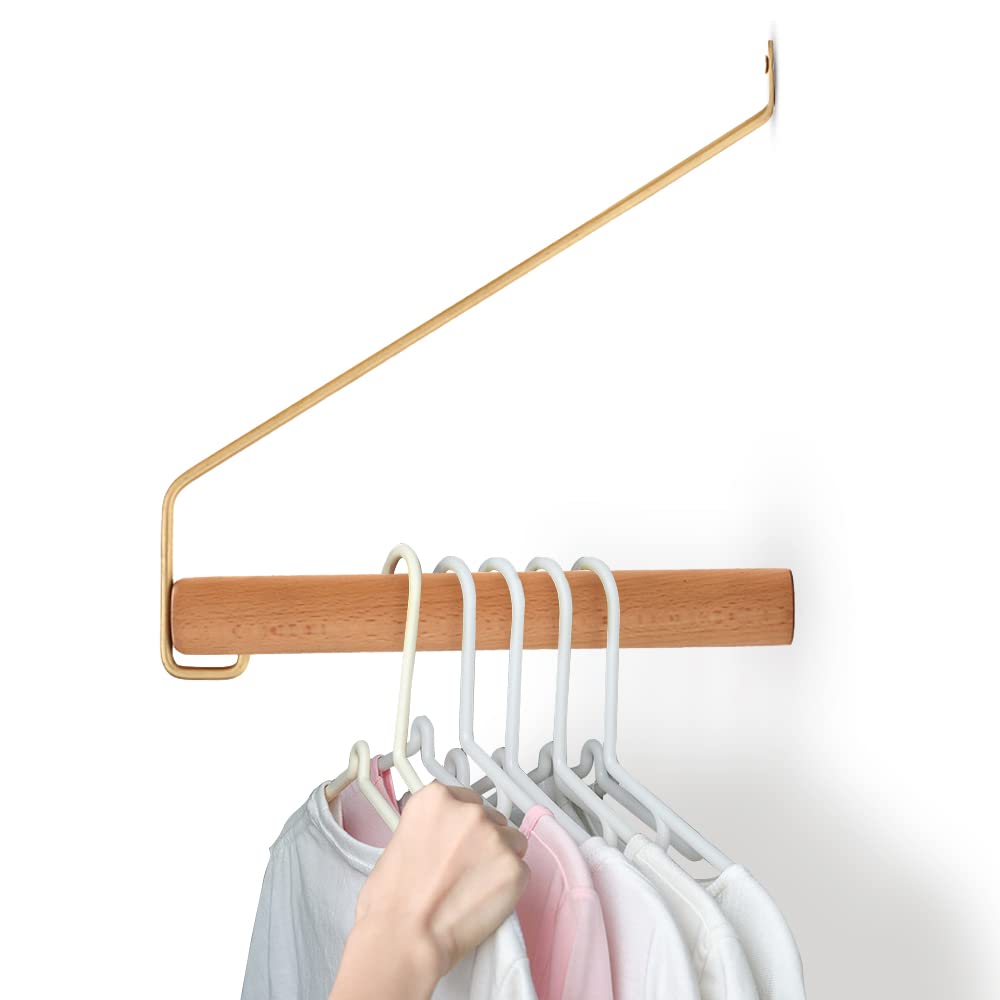 BOOMLATU Modern Brass & Wood Wall Mounted Drying Rack,Simple Space Saver Clothes Hanger for Living Balcony Bathroom Laundry Room (Beech)