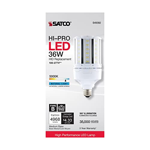 Satco S49392 Corncob LED HID Light Bulb, Medium Base, 36W, 35000 Hour Rating, 4968L, Natural Light