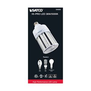 Satco S49392 Corncob LED HID Light Bulb, Medium Base, 36W, 35000 Hour Rating, 4968L, Natural Light