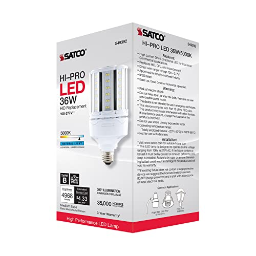 Satco S49392 Corncob LED HID Light Bulb, Medium Base, 36W, 35000 Hour Rating, 4968L, Natural Light