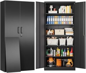 sisesol metal storage cabinet with 2 doors and 6 shelves,black metal cabinet with lock,71" lockable garage storage cabinet,locking storage cabinet,steel cabinet for home,office,garage,shop,school