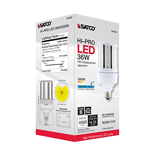 Satco S49392 Corncob LED HID Light Bulb, Medium Base, 36W, 35000 Hour Rating, 4968L, Natural Light