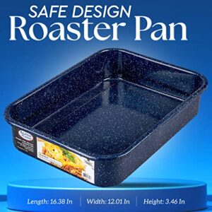 Alpine Cuisine Enamel Steel Dark Blue Speckle Roaster/Baking Pans Nonstick, 16Qt Roasting Pan, Suitable for Turkey, Roast Chicken, and Ham, Durable & Versatile, Lightweight, Dishwasher Safe