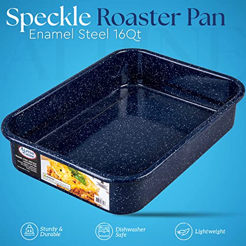 Alpine Cuisine Enamel Steel Dark Blue Speckle Roaster/Baking Pans Nonstick, 16Qt Roasting Pan, Suitable for Turkey, Roast Chicken, and Ham, Durable & Versatile, Lightweight, Dishwasher Safe