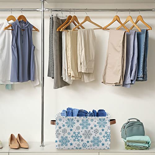 Winter Snowflake Blue Sliver Storage Basket Fabric Laundry Baskets Christmas Bells Xmas Snowman Storage Boxes Organizer Bag for Baby Cloth Dog Toy Book Storage Cubes Shelf Closet Bins 16×12×8 Inches