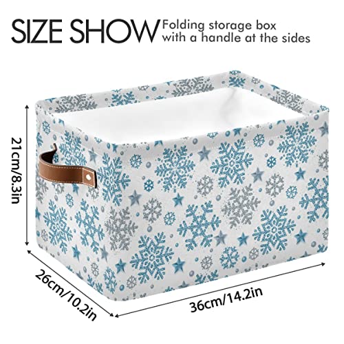 Winter Snowflake Blue Sliver Storage Basket Fabric Laundry Baskets Christmas Bells Xmas Snowman Storage Boxes Organizer Bag for Baby Cloth Dog Toy Book Storage Cubes Shelf Closet Bins 16×12×8 Inches