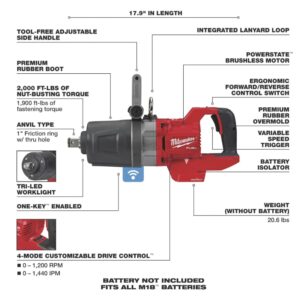 Milwaukeey Milwaukee M18 FUEL Cordless D-Handle High Torque Impact Wrench with — Tool Only, 1in. Drive, 2000 Ft./Lbs. Torque