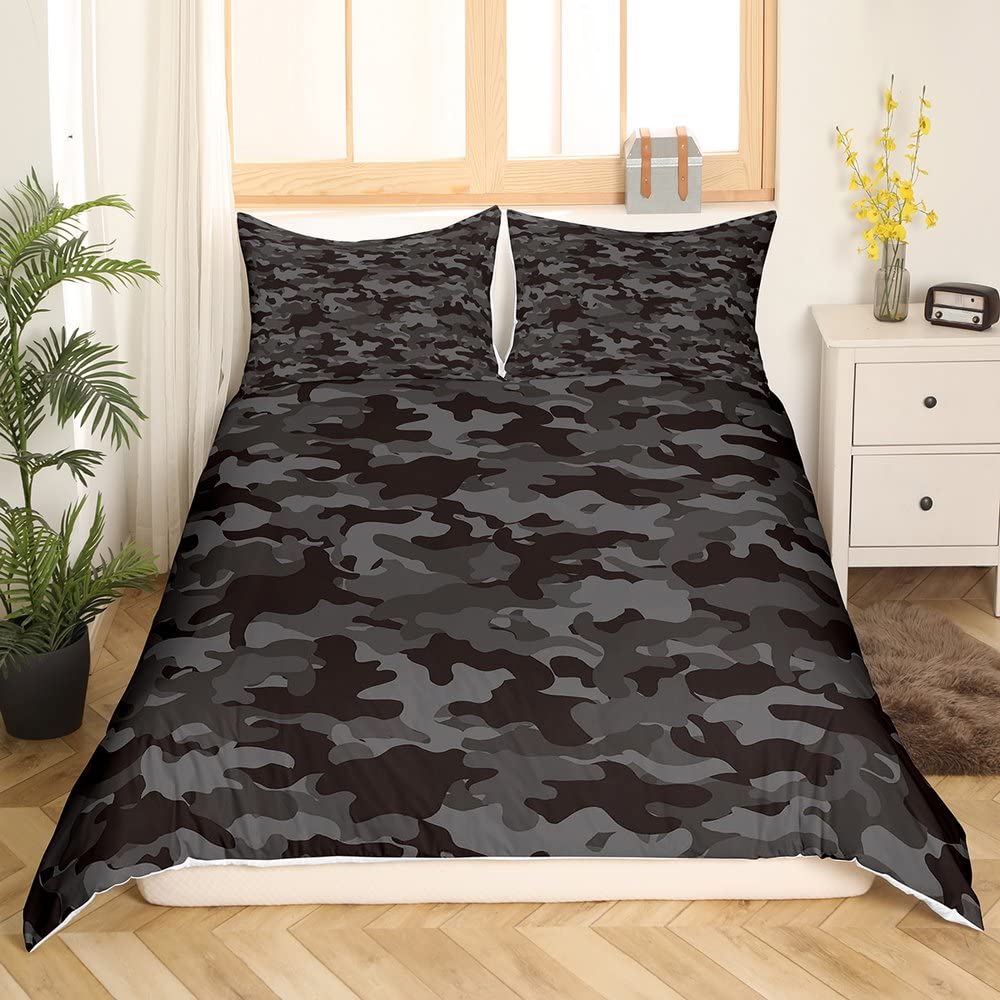 Army Camo Duvet Cover, Black Camouflage Bedding Set For Kids Boys Teens Adult Men, Military Camo Comforter Cover Black Grey Lightweight Bed Cover, 1 Duvet Cover + 2 Pillow Cases, King Size