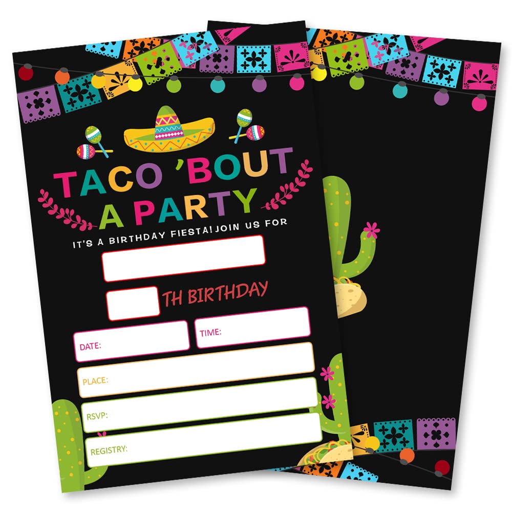 Grace Yonks Any Age Taco Bout a Party Invitation, Fiesta Birthday Party Invite Cactus Invite, 20 Invitations and Envelopes, Birthday party Invitations, Birthday Party Supplies.(023-1)