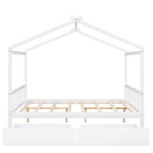 P PURLOVE Full Size House Bed for Kids, Teens,Wood Storage Platform Bed with Drawers, Headboard and Footboard,Playhouse Floor Bed with Roof and Slat, No Box Spring Need