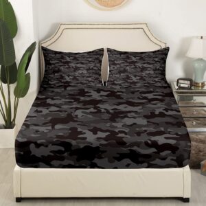 Army Camo Bedding Set, Black Camouflage Bed Sheets for Kids Boys Teens Adult Men, Military Camo Fitted Sheet Black Grey Lightweight Fitted Bed Sheets, 1 Fitted Sheet + 2 Pillow Cases, Queen Size…