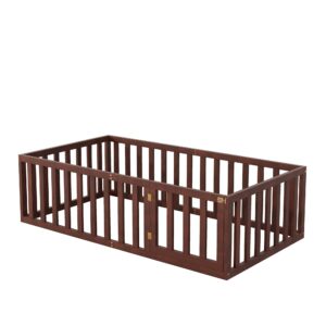 Merax Twin Size Wood Floor Bed Frame with Fence and Door (Walnut)