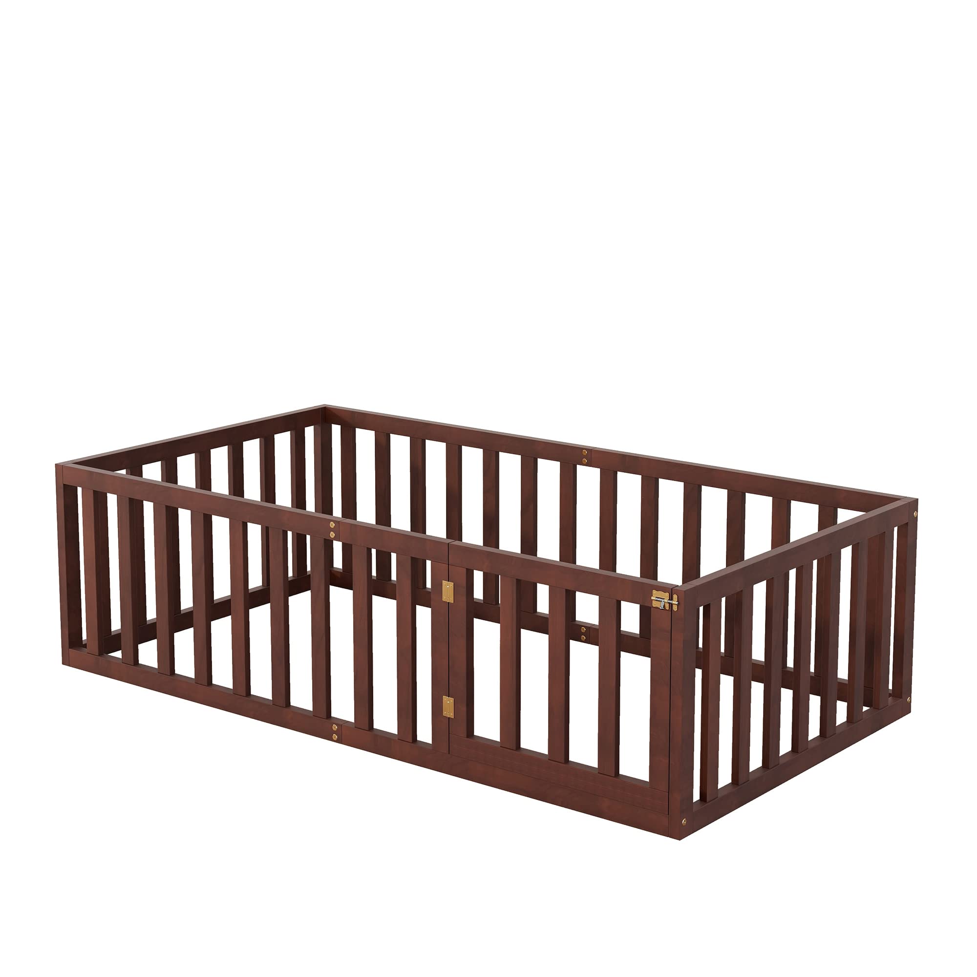 Merax Twin Size Wood Floor Bed Frame with Fence and Door (Walnut)