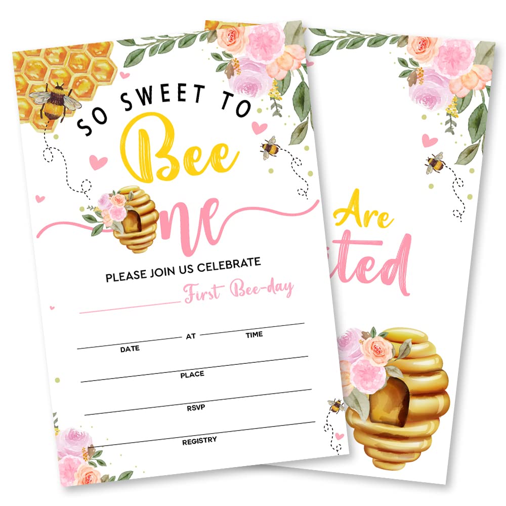 Grace Yonks So Sweet To Bee One Party Bee-Day 1st Birthday Invitation, 20 Invitations and Envelopes, Birthday party Invitations, Birthday Party Supplies.(042-1)