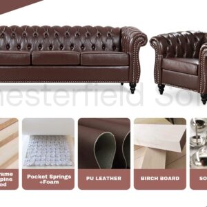 Vaztrlus Brown Leather Sectional Chesterfield Sofa Set, Luxury Couch for Living Room, Comfy Deep-Seat 3-Seater Couch and Chair Set for Bedroom, Office, or Apartment. Tool-Free 2-Piece Assembly.