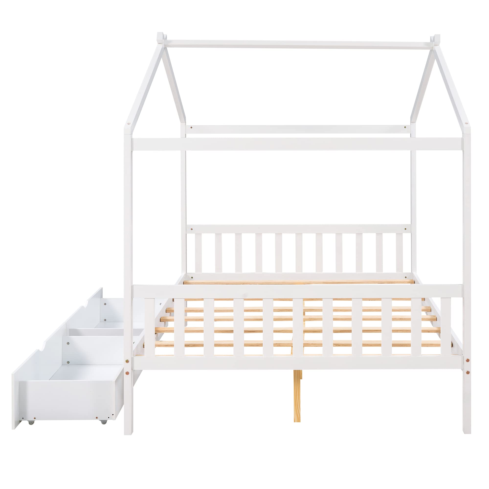 P PURLOVE Full Size House Bed for Kids, Teens,Wood Storage Platform Bed with Drawers, Headboard and Footboard,Playhouse Floor Bed with Roof and Slat, No Box Spring Need