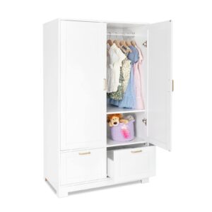 VINGLI Wide White Armoire Wardrobe Closet with Adjustable Shelves and Drawers, 60" Freestanding Closet Wardrobe Cabinet, Armoires and Wardrobes with Doors for Kids' Room, Dorm