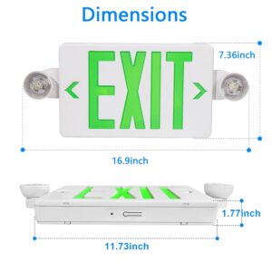 Green LED Exit Sign Emergency Light Combination Adjustable Two Heads and Battery Backup, US Standard Commercial Emergency Exit Lighting, Fire Resistant UL 924 AC 120/277V (4-Pack)