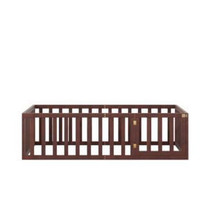 Merax Twin Size Wood Floor Bed Frame with Fence and Door (Walnut)