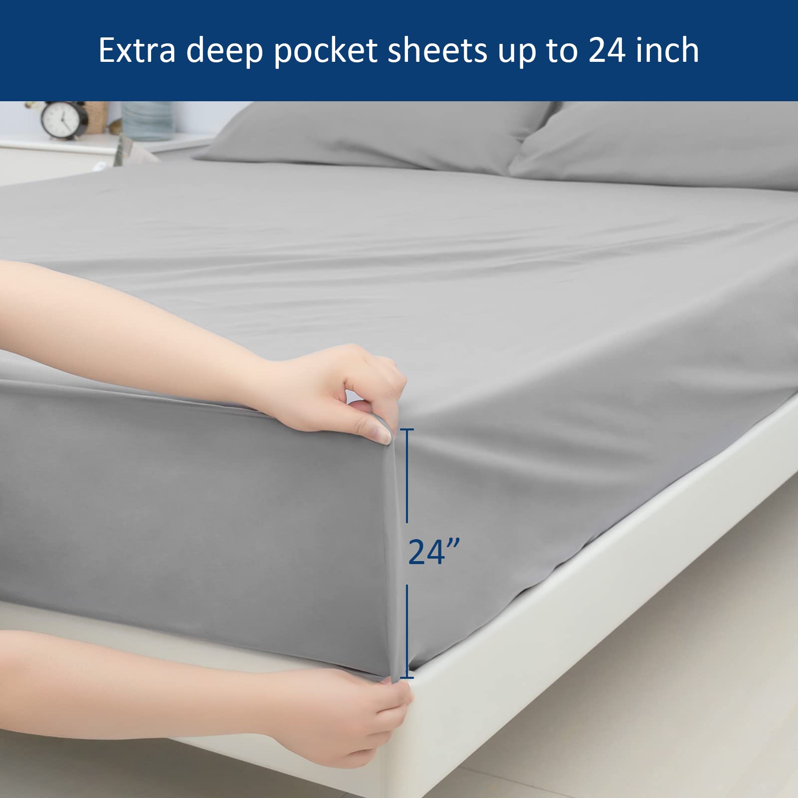 Deep Pocket Twin Sheets Set for Kids Air Mattress - Extra Deep Pocket Twin Sheet Sets - 3Pcs Side Storage Pocket Fitted Sheet & Pillowcases Easily Fits 16in to 24in Pillow Top Bed Mattress(Grey)