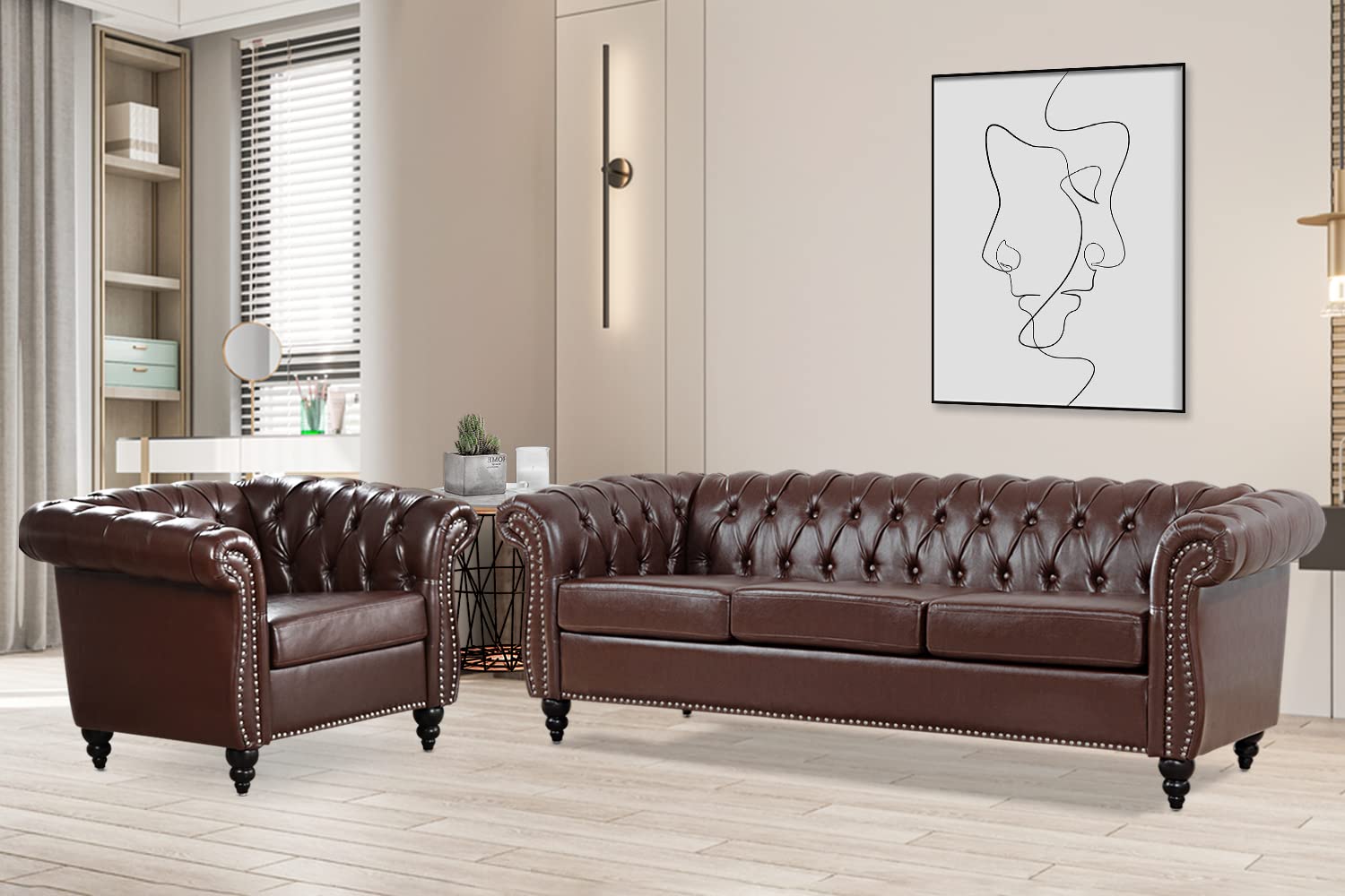 Vaztrlus Brown Leather Sectional Chesterfield Sofa Set, Luxury Couch for Living Room, Comfy Deep-Seat 3-Seater Couch and Chair Set for Bedroom, Office, or Apartment. Tool-Free 2-Piece Assembly.